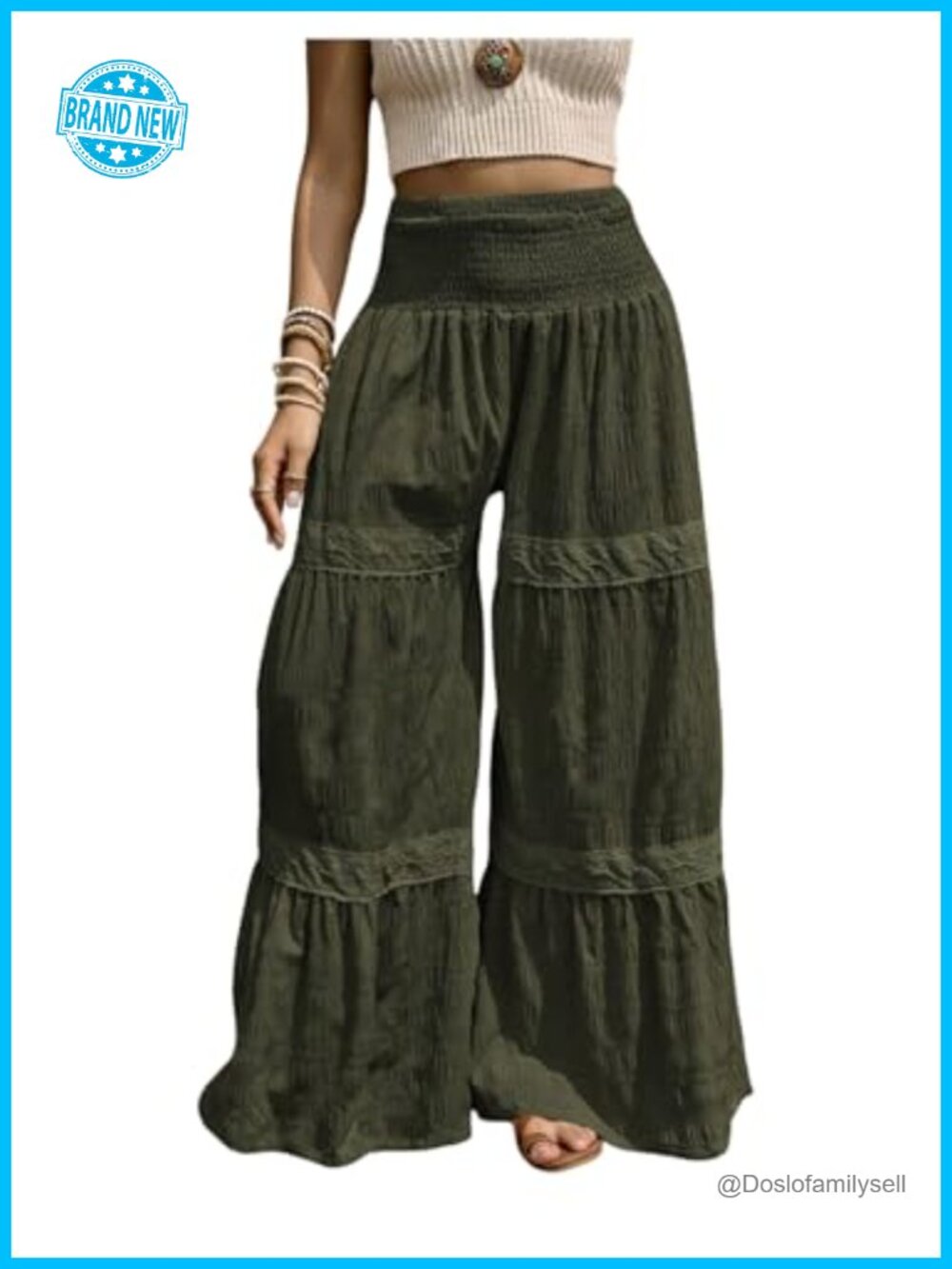 Boho Ruffle Lace Trim Smocked Palazzo Pants Polyester High Rise Wide Leg